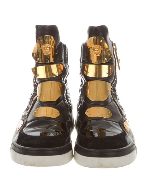 black perforated and patent leather versace medusa tongue high-top sneakers|versace medusa high top shoes.